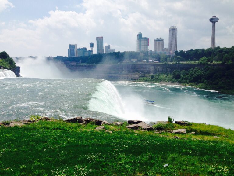 Niagara Falls seen from a grassy bank, with a tour boat on the river and the city skyline and tower beyond