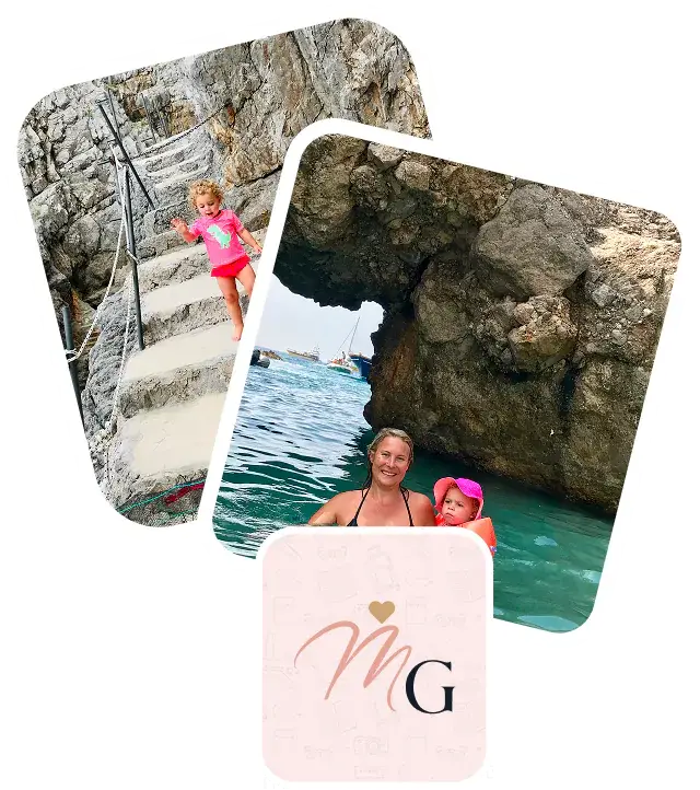 Photo collage of a child on rocky seaside steps and a mother and child swimming by a sea arch, with the MG logo