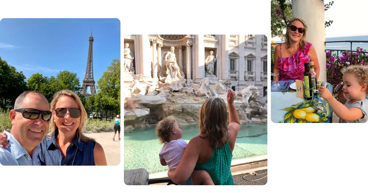 Photo collage of a couple at the Eiffel Tower, a mother and child at the Trevi Fountain, and a mother and child dining by the sea