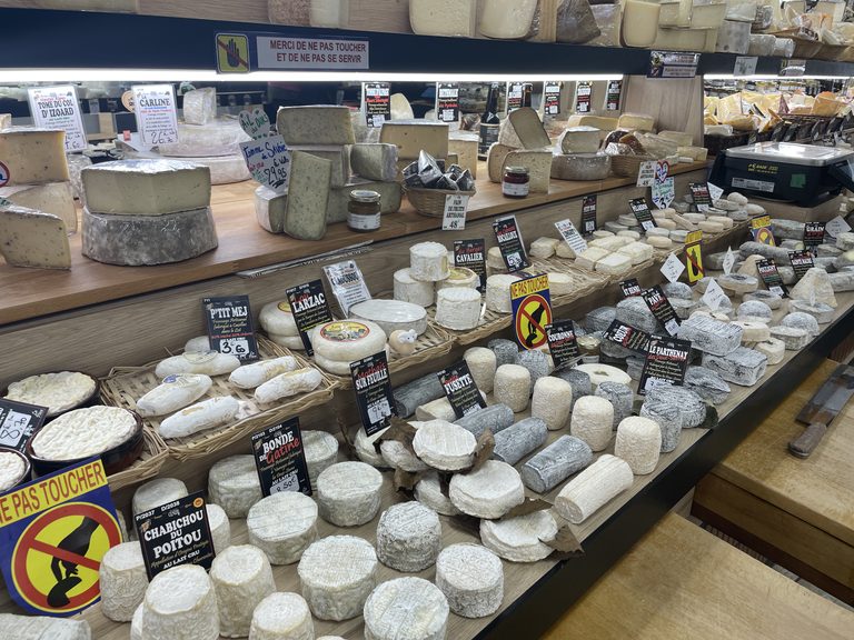 French cheese counter piled with goat's cheeses and wheels of tomme, with handwritten labels and do-not-touch signs